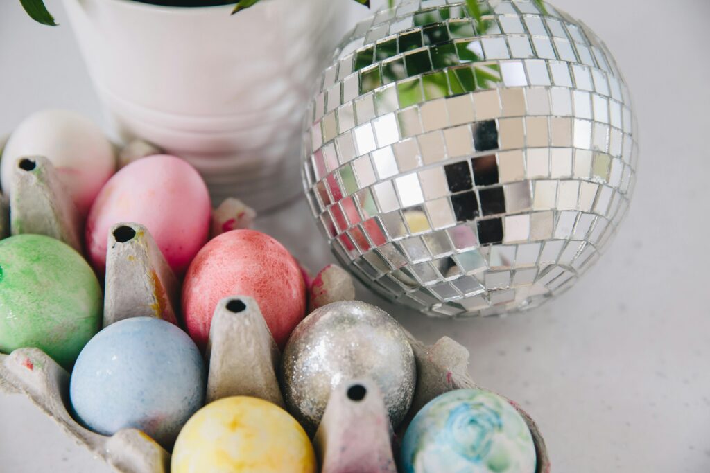 easter eggs and a disco ball